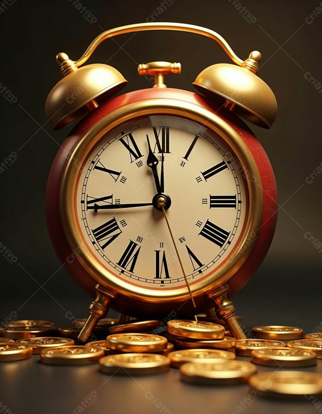 Relógio antigo dourado e moedas de ouro