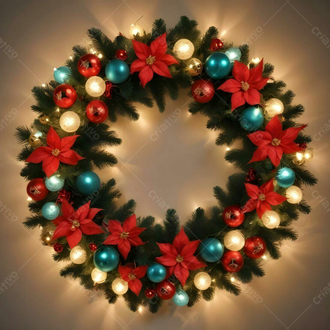 Coroa de Natal Vermelha e Turquesa com Luzes