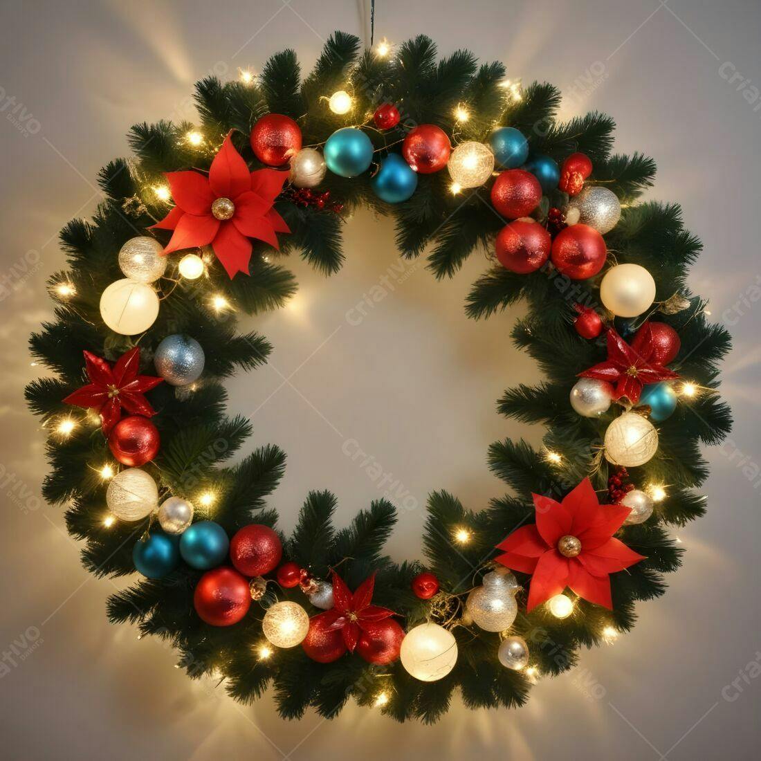 Coroa de Natal com luzes e bolas vermelhas azuis e prateadas
