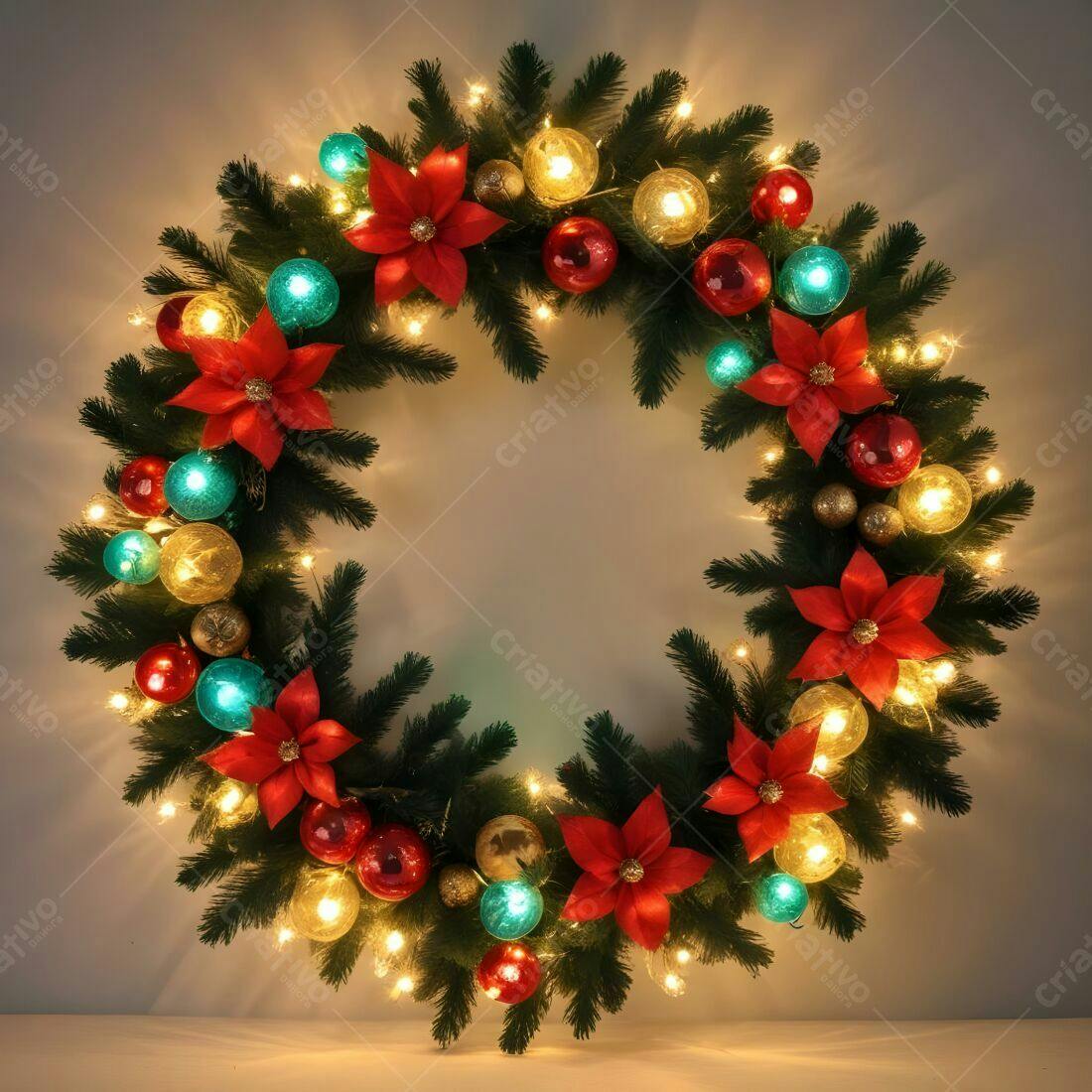 Coroa de Natal com Luzes e Poinsétias
