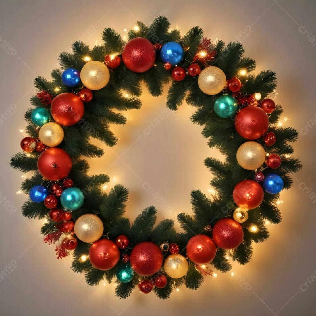 Coroa de Natal com luzes e bolas vermelhas azuis e douradas
