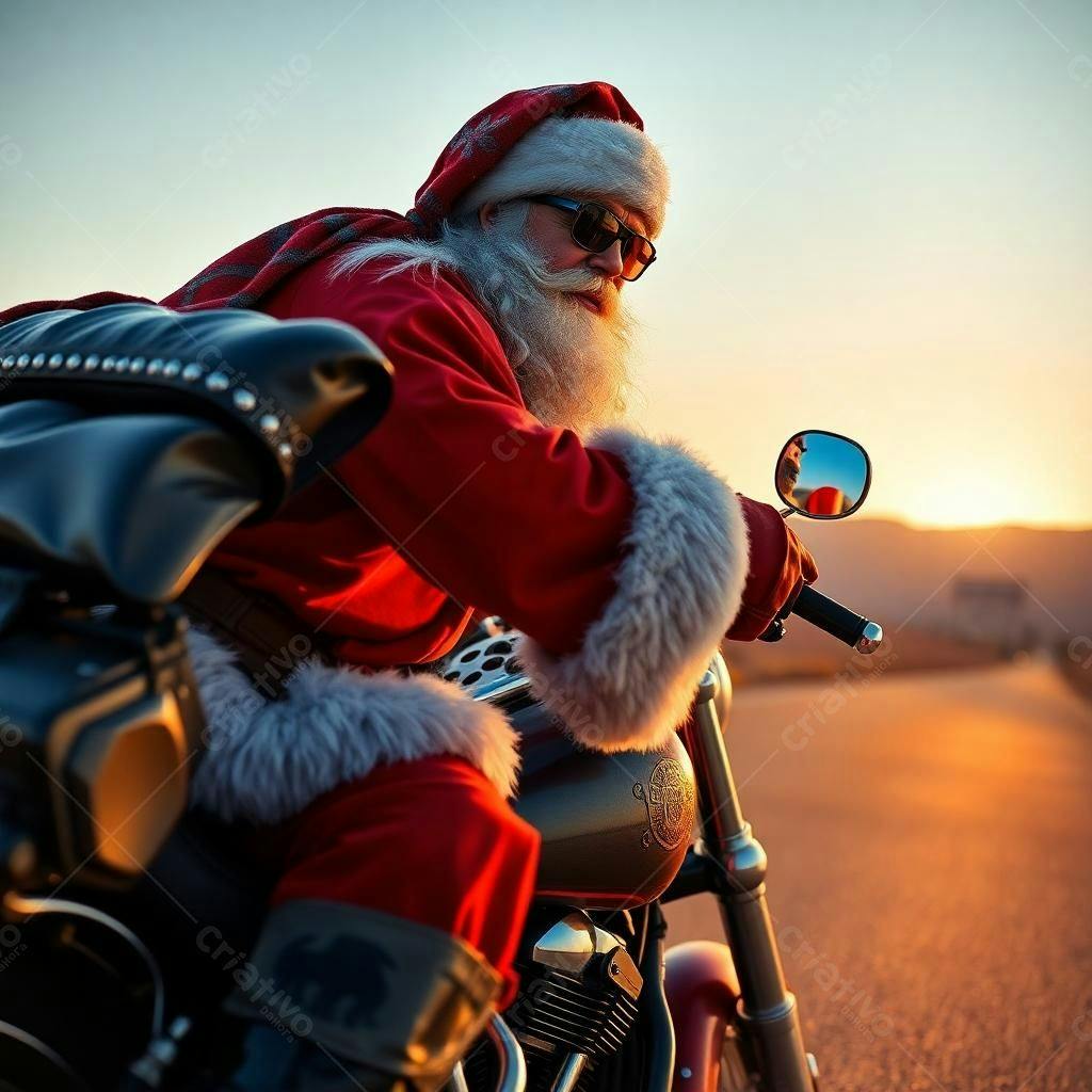 Papai Noel de moto ao pôr do sol