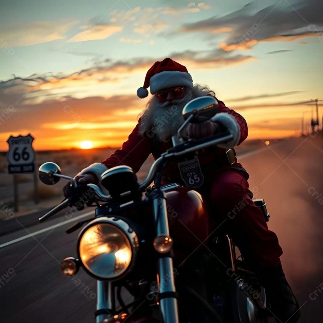 Papai Noel de moto ao pôr do sol