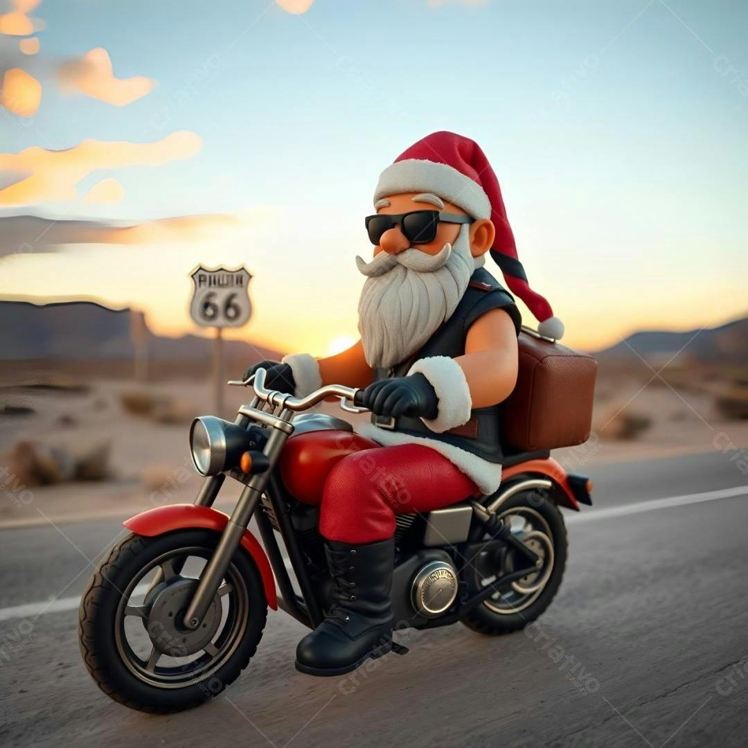 Papai Noel de moto na Rota 66 ao pôr do sol