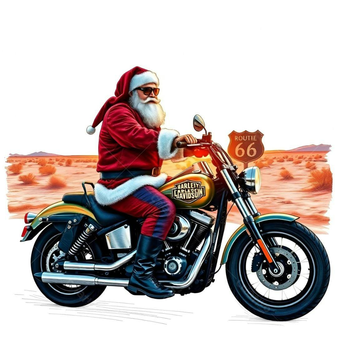 Papai Noel de moto Harley Davidson na Rota 66