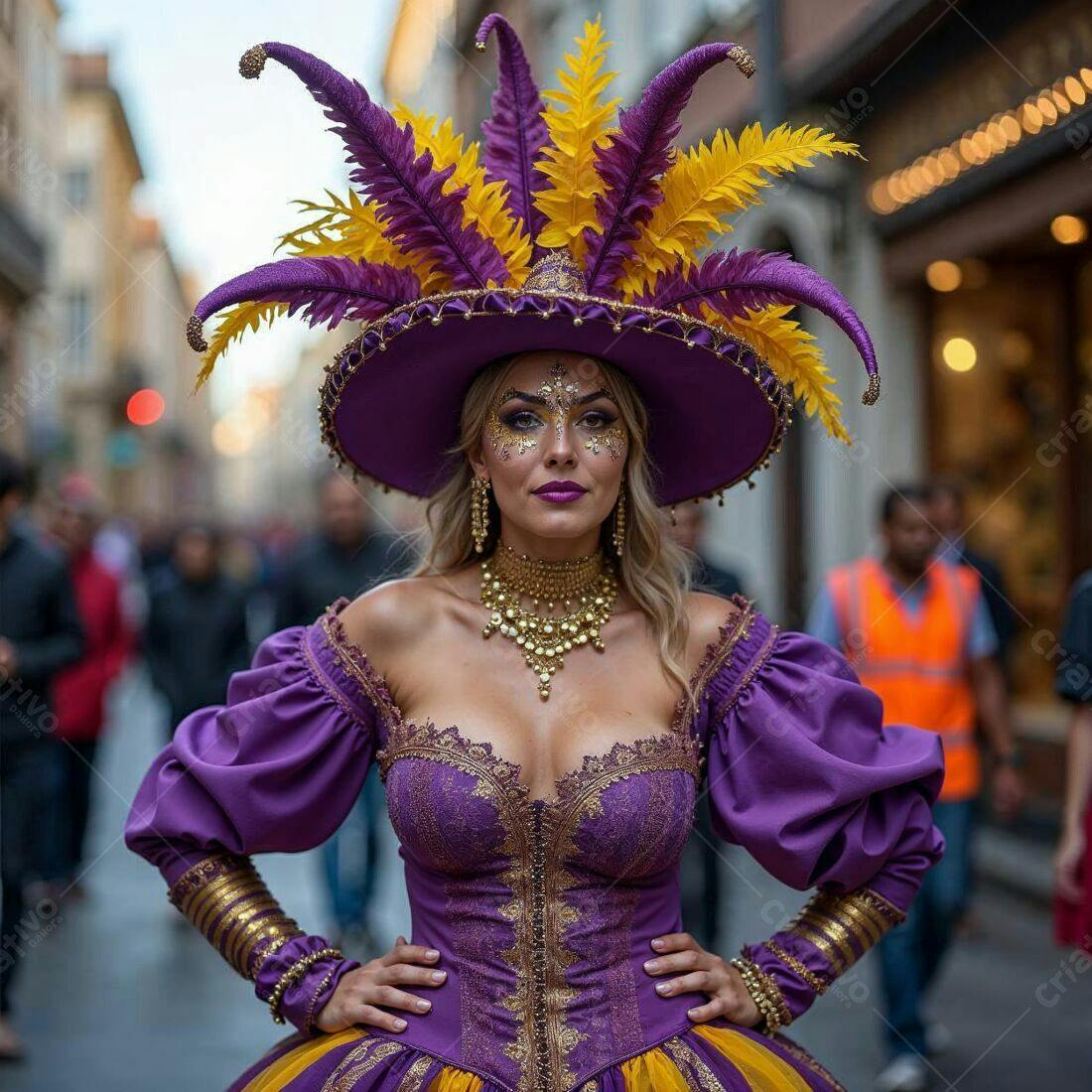 Mulher em traje roxo e dourado em desfile de carnaval