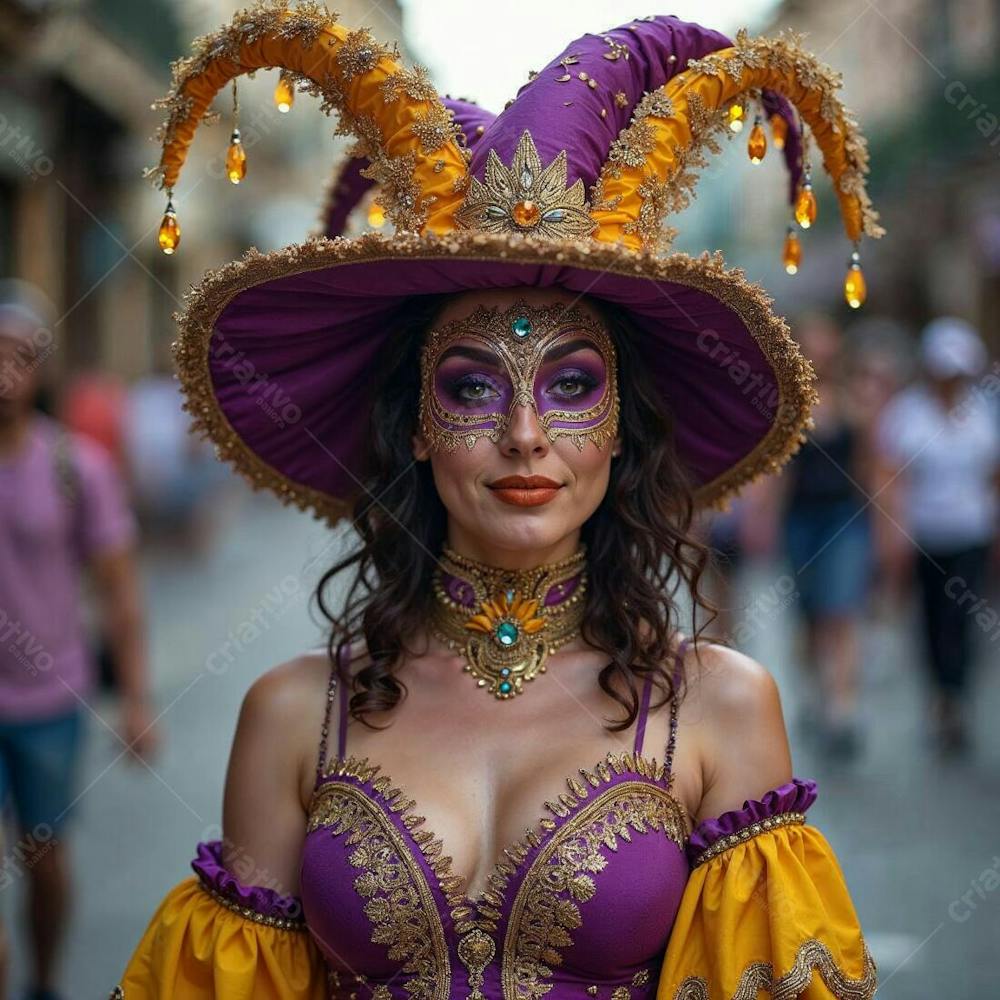 Mulher usando fantasia na cor roxo e amarelo de carnaval