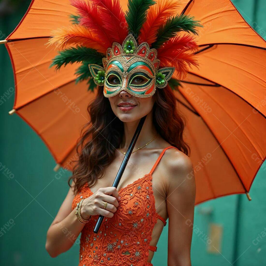 Mulher com máscara e guarda-chuva laranja