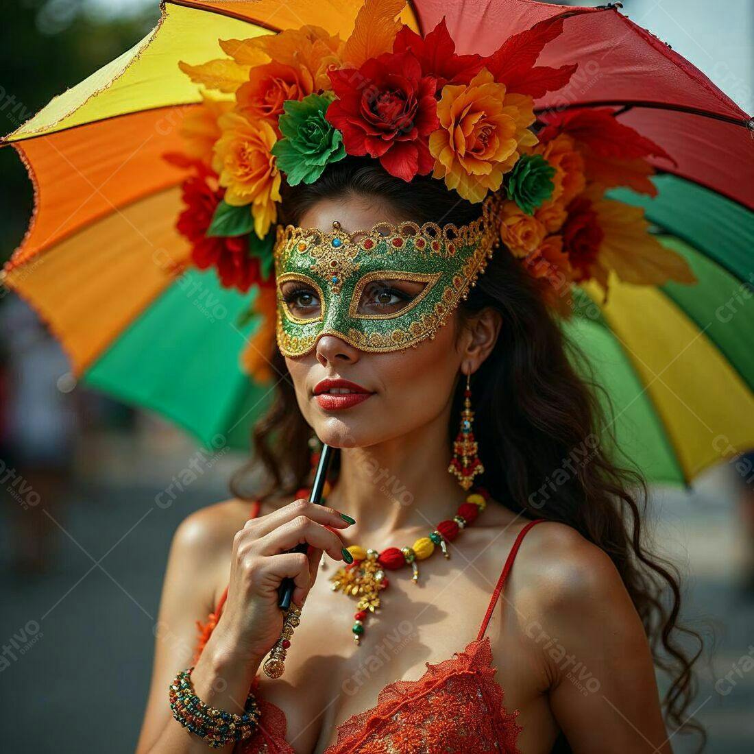 Mulher com máscara em carnaval sob guarda-chuva
