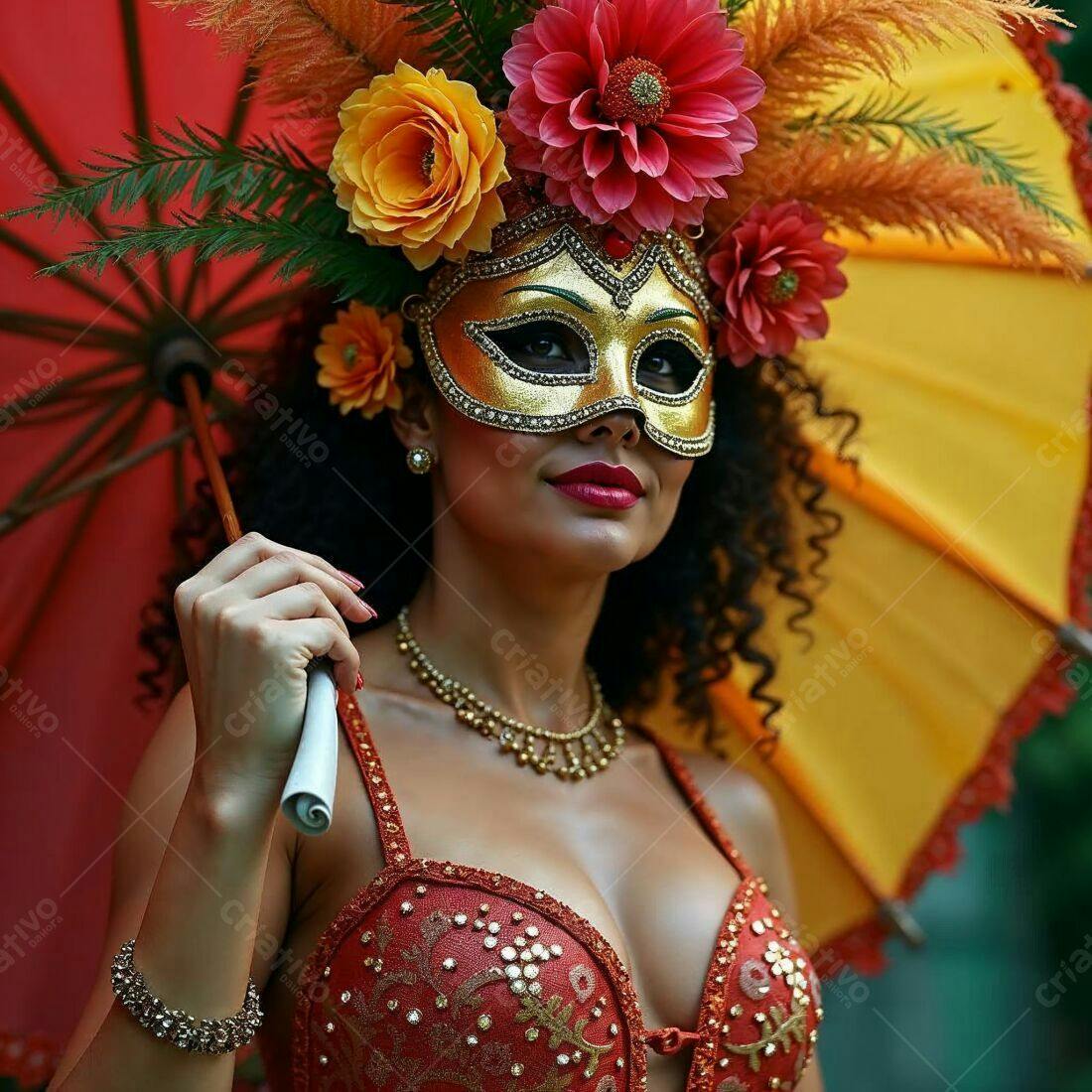 Mulher com máscara dourada e flores em carnaval