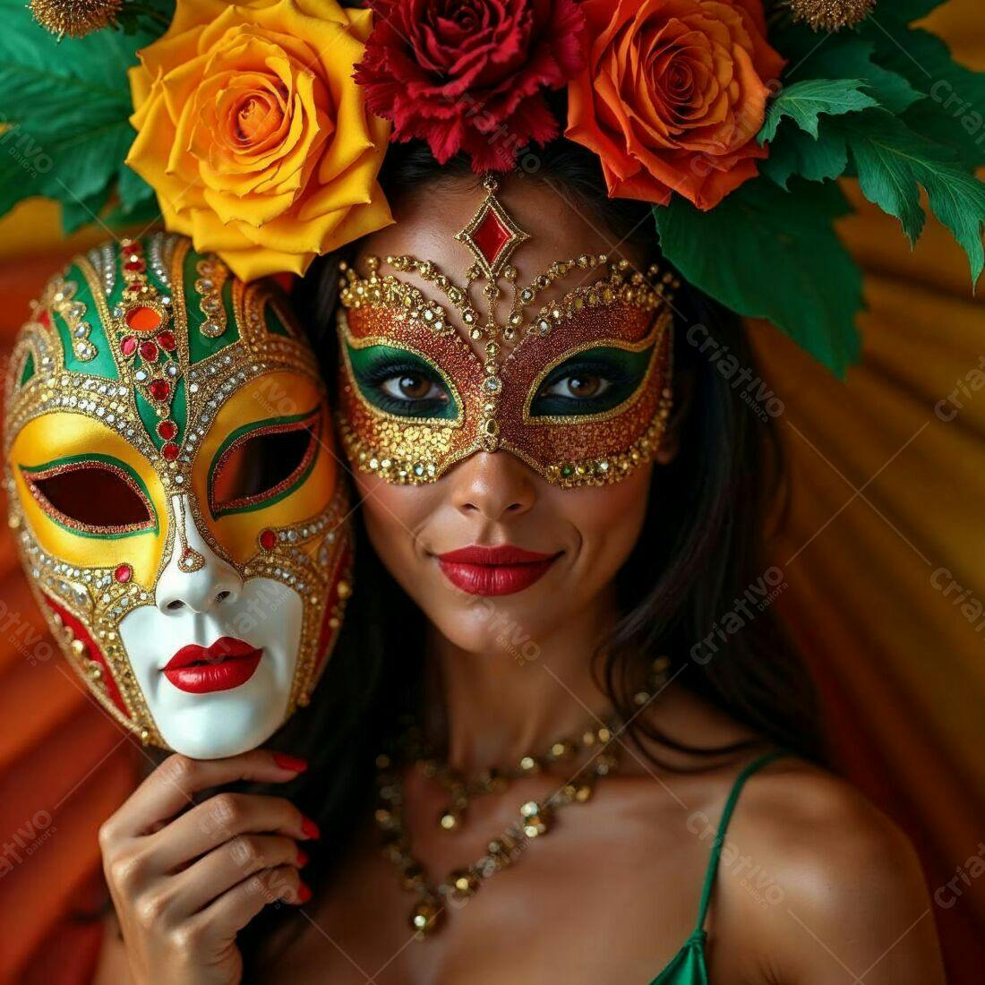 Mulher com máscara veneziana e coroa de flores