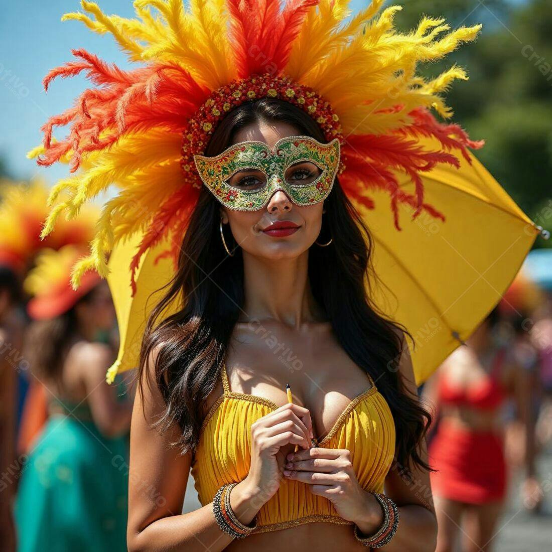 Mulher em Carnaval com máscara e plumas