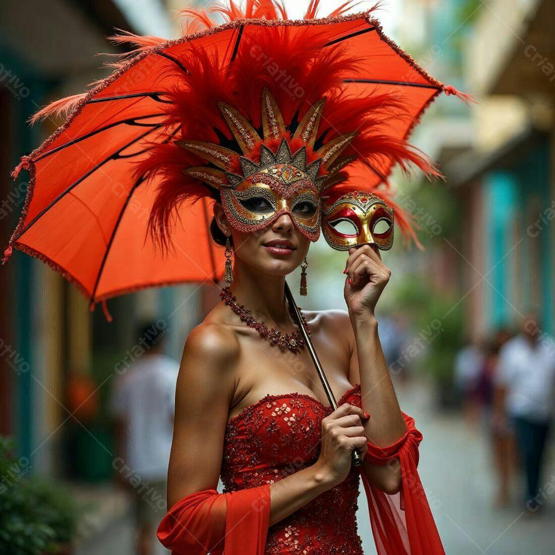 Modelo usando máscara e guarda-chuva vermelho