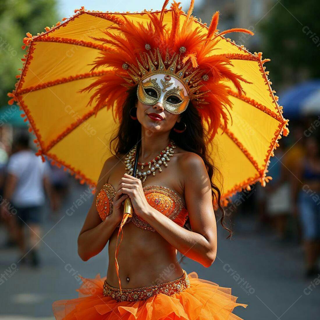 Mulher fantasiada em laranja com máscara e guarda-chuva