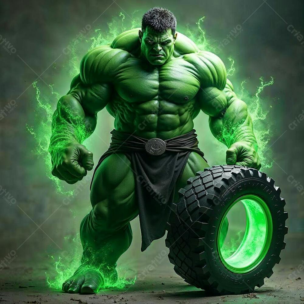 Super Heroi Hulk Gerado Por Ia Levando Pneu Como Mecanico