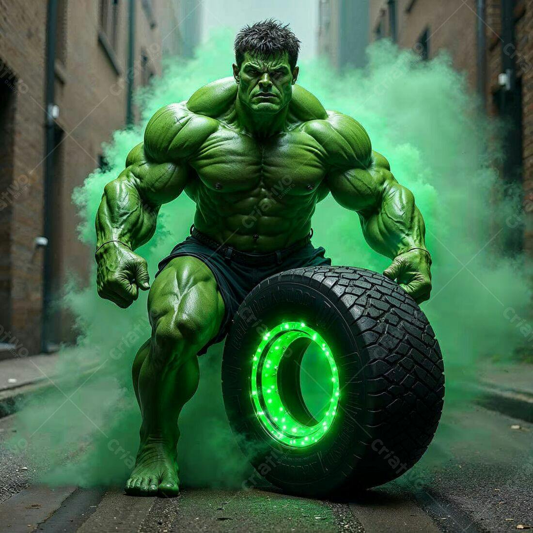 Hulk Verde com pneu gigante em beco
