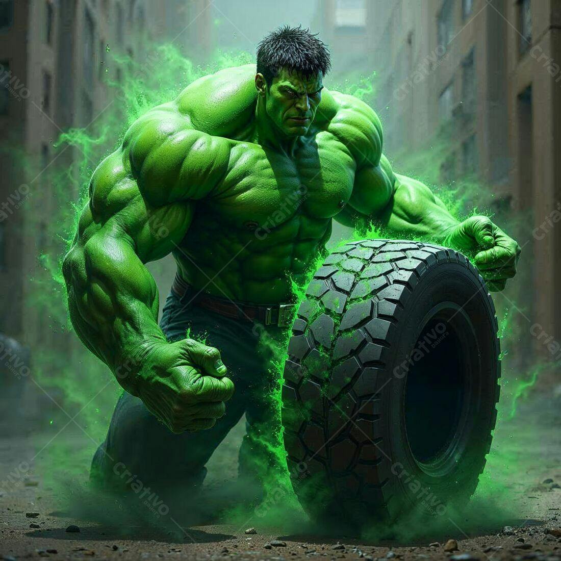 Hulk Verde levantando pneu gigante
