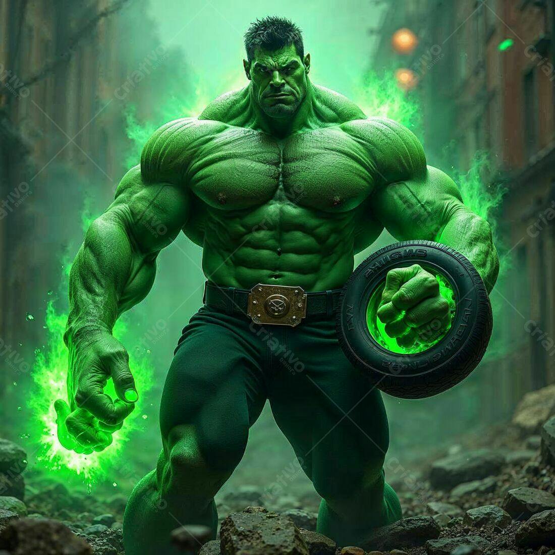 Hulk Verde com pneu em cenário urbano