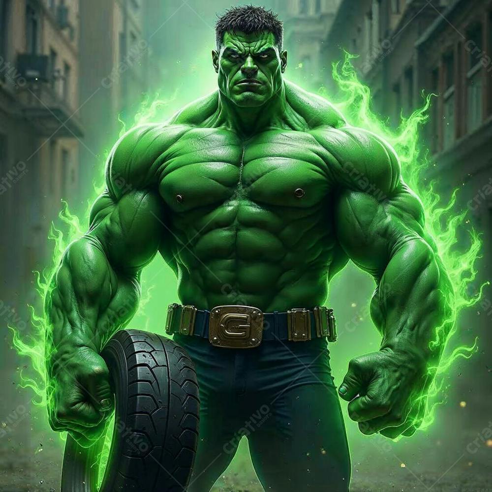 Super Heroi Hulk Gerado Por Ia Levando Pneu Como Mecanico