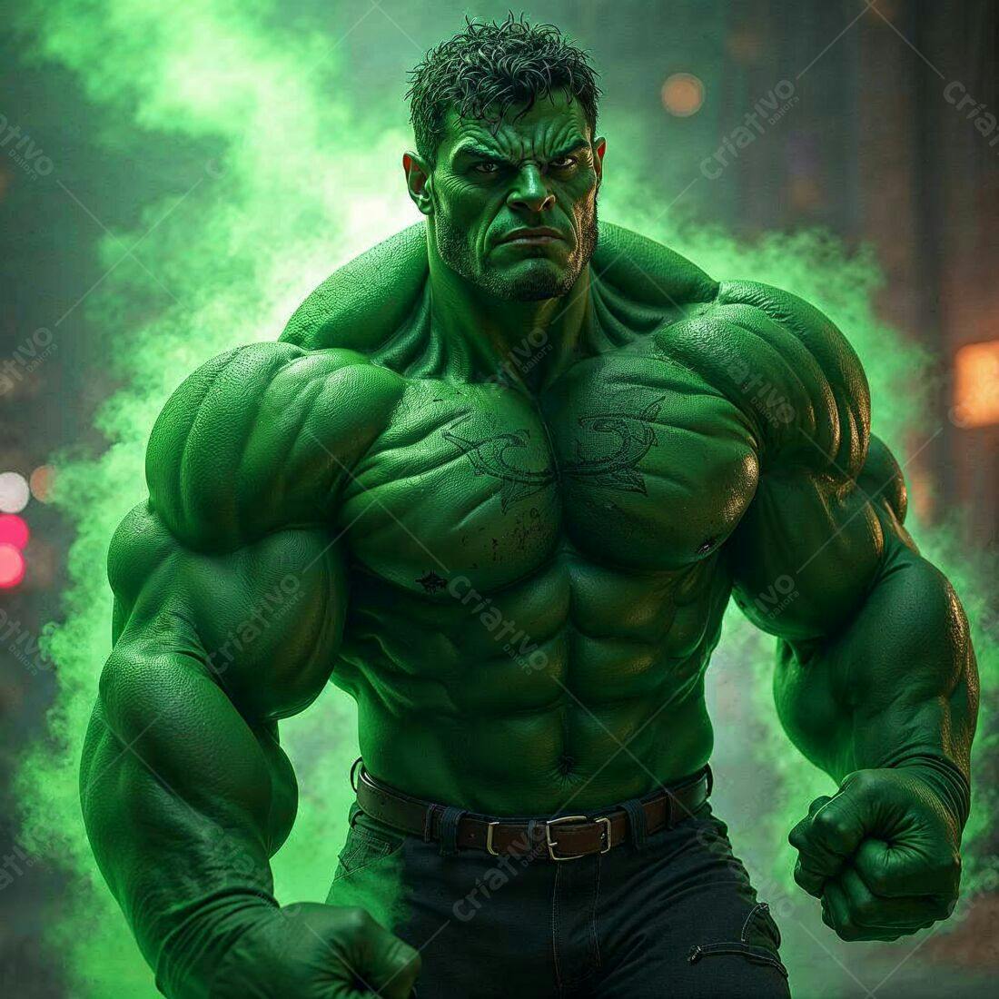Hulk Verde Musculoso em Fumaça Verde