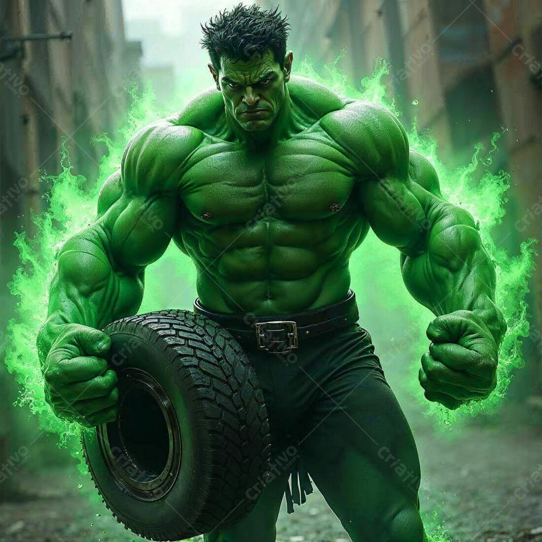 Hulk musculoso segurando pneu verde