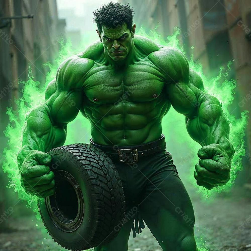 Super Heroi Hulk Gerado Por Ia Levando Pneu Como Mecanico