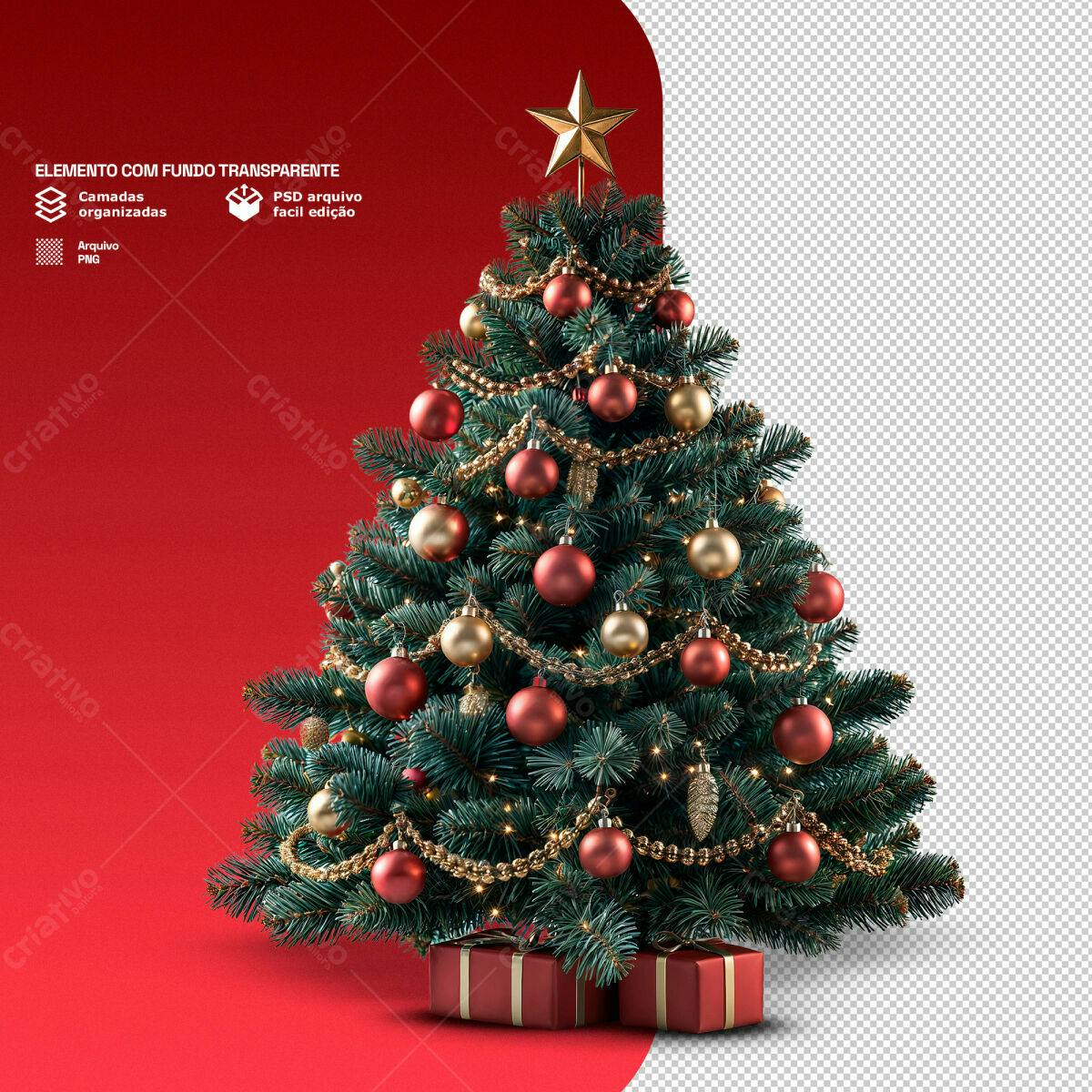 Árvore de Natal Vermelha e Dourada PSD Editável