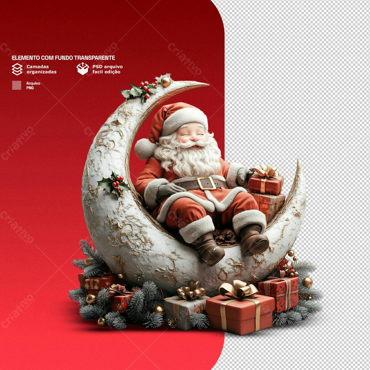 Arte Natalina Papai Noel na Lua PSD Editável