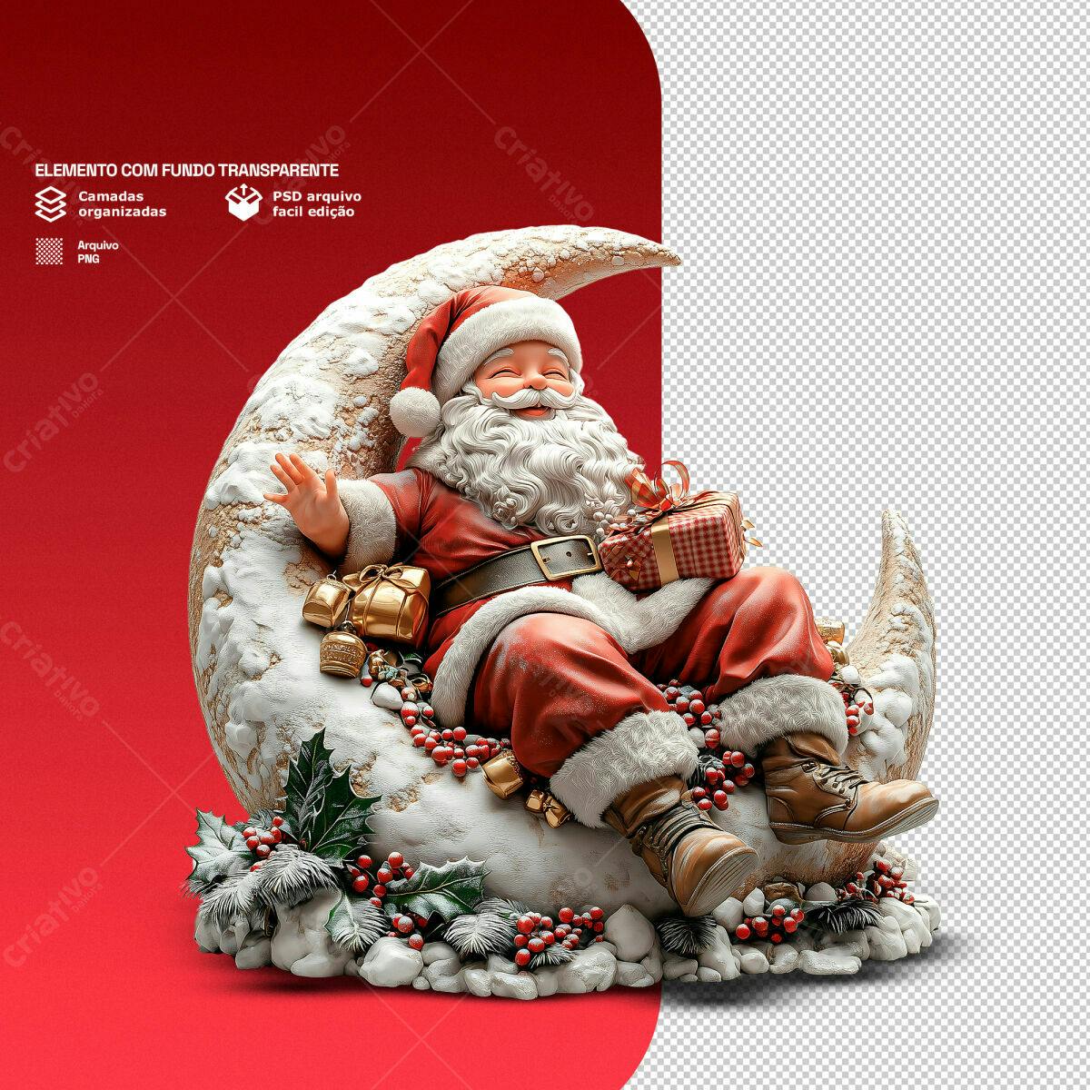 Elemento Natalino Papai Noel na Lua PSD Editável