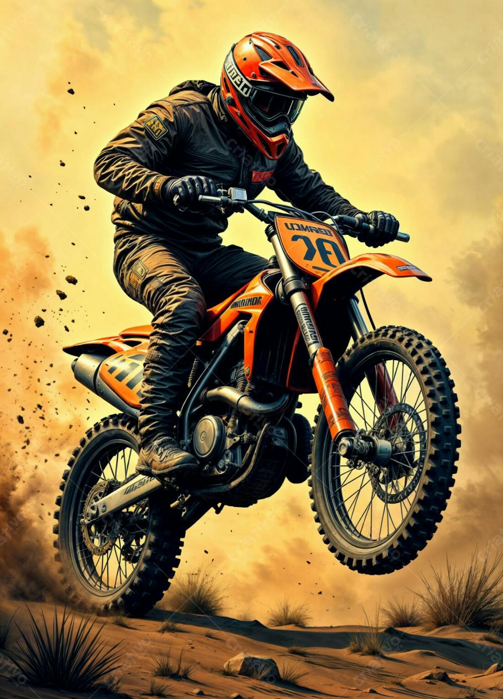 Arte Estilo Quadrinhos Motocross Com Motociclista Deserto