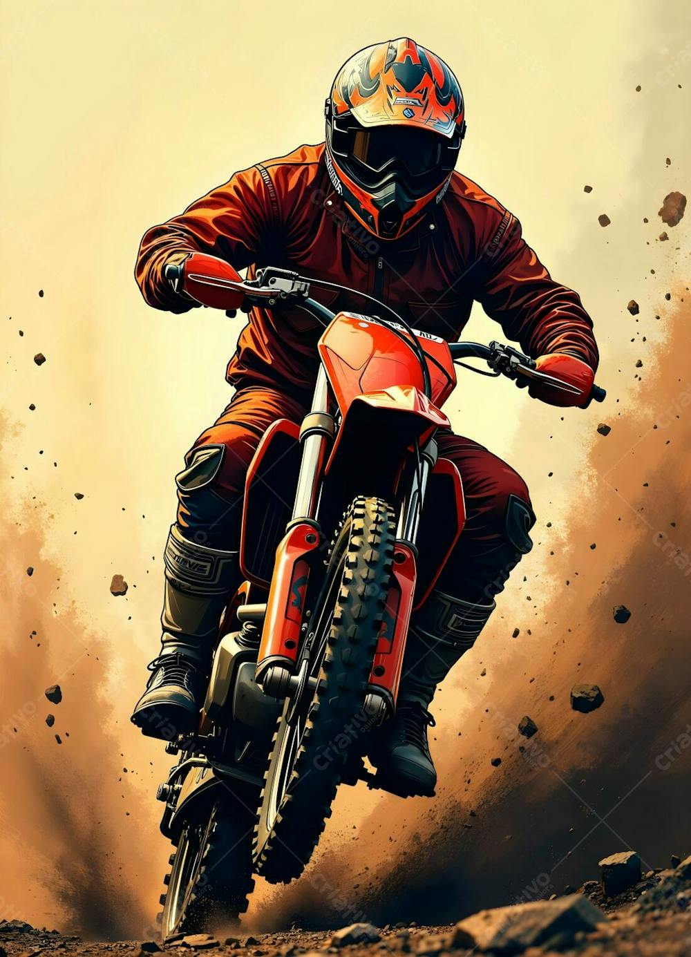 Arte Estilo Quadrinhos Motocross Com Motociclista Deserto Poeira