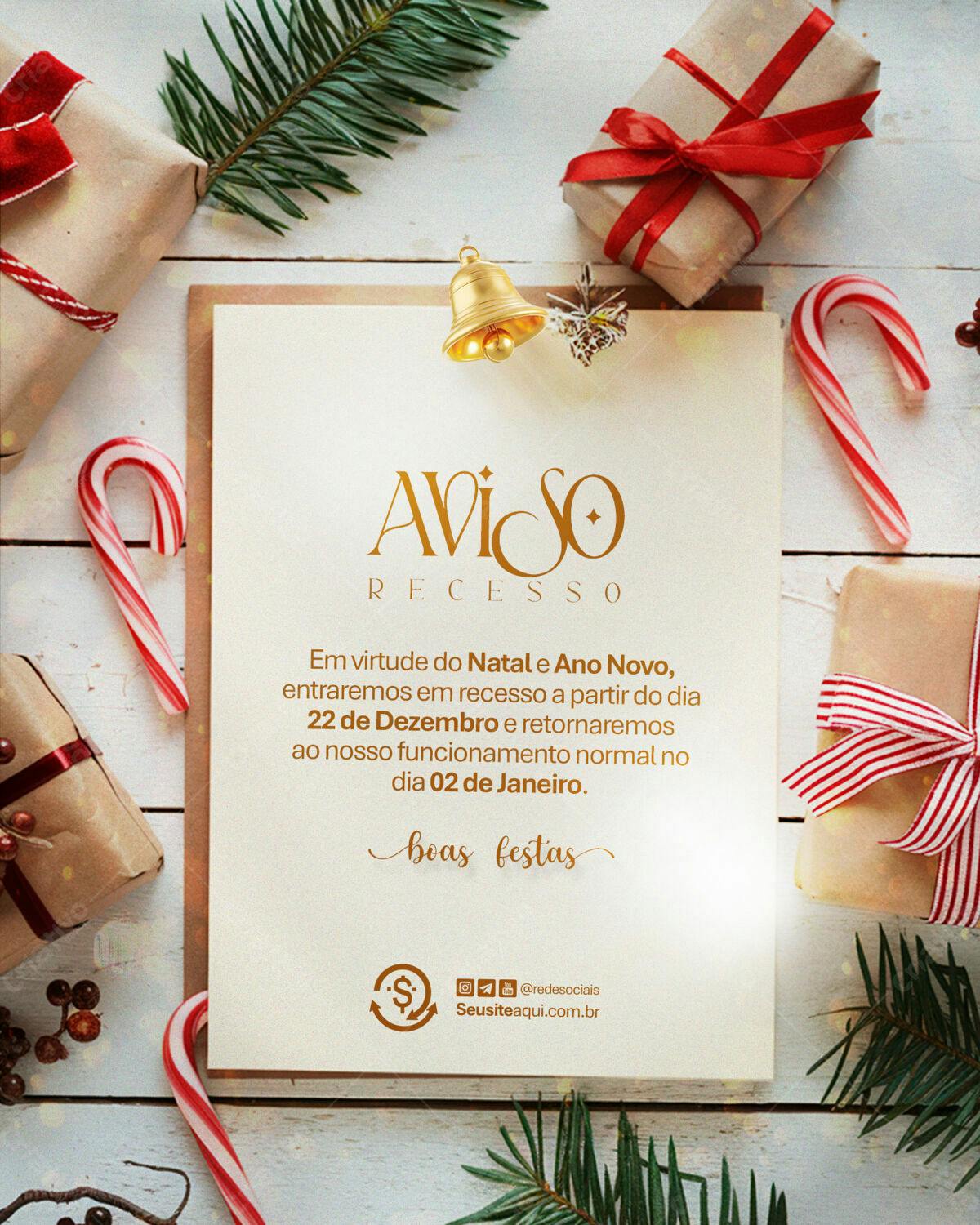 Aviso de Recesso Natal e Ano Novo PSD Editável