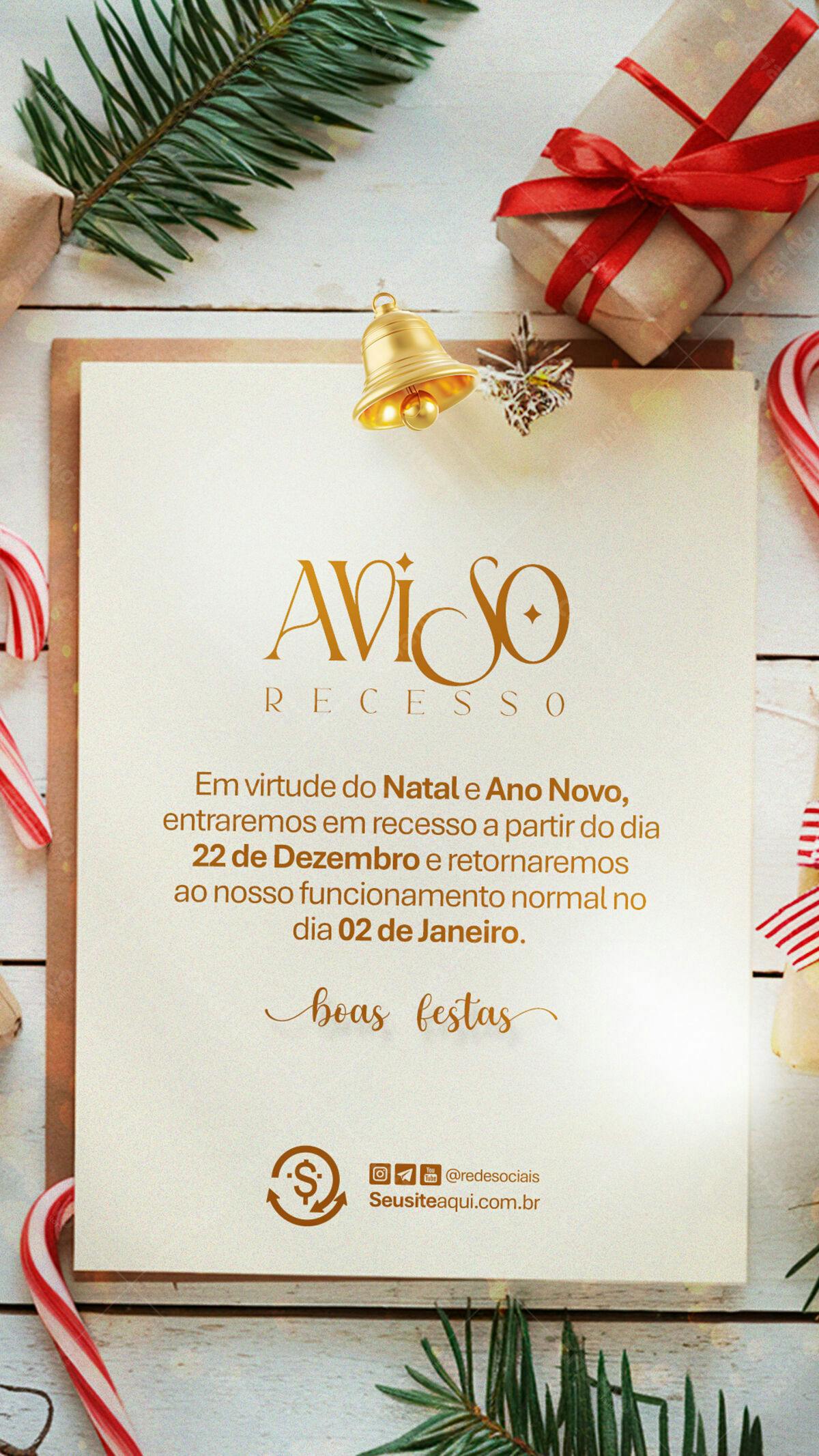 Aviso Recesso Natal e Ano Novo PSD Editável