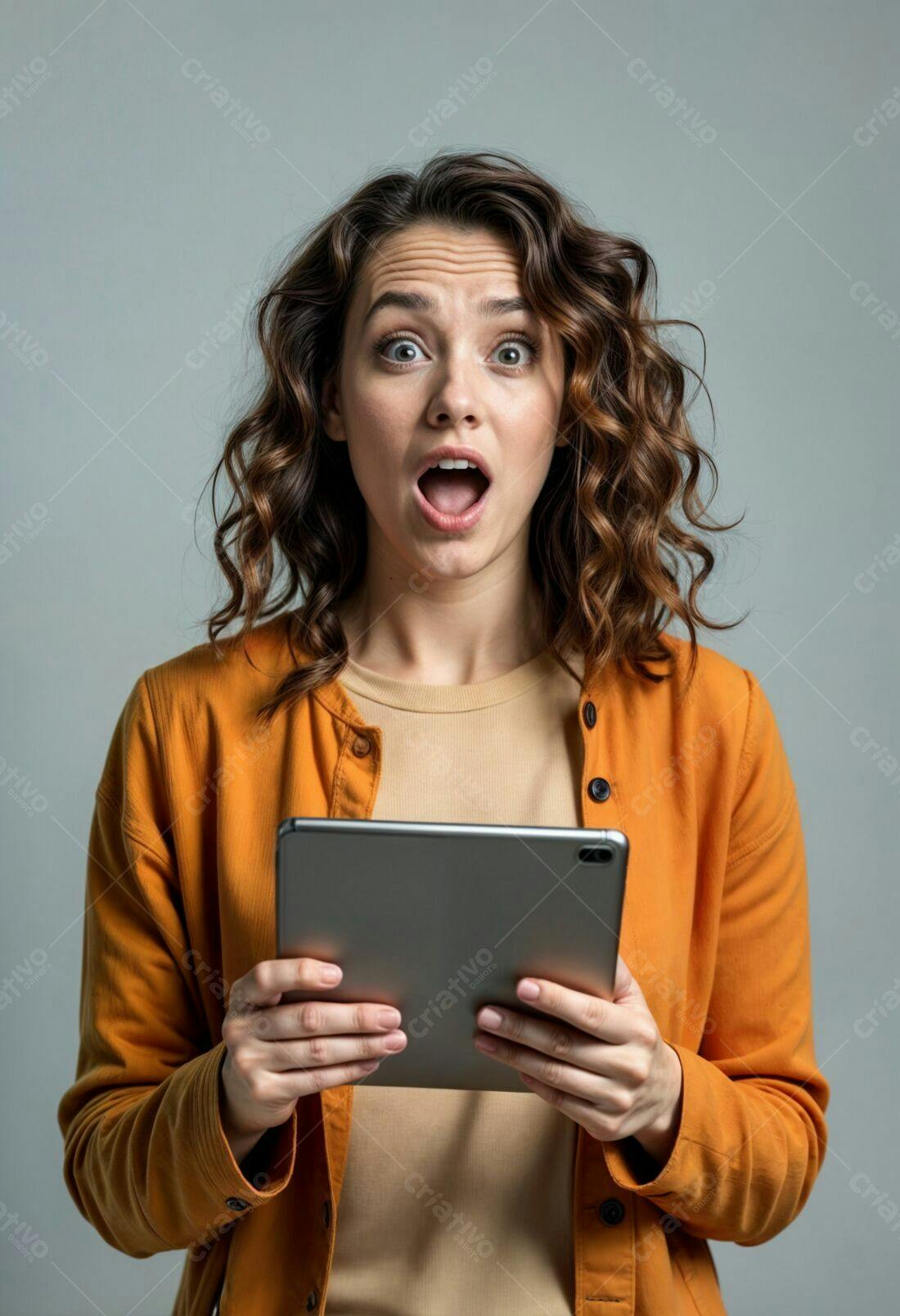 Mulher surpresa lendo tablet cinza