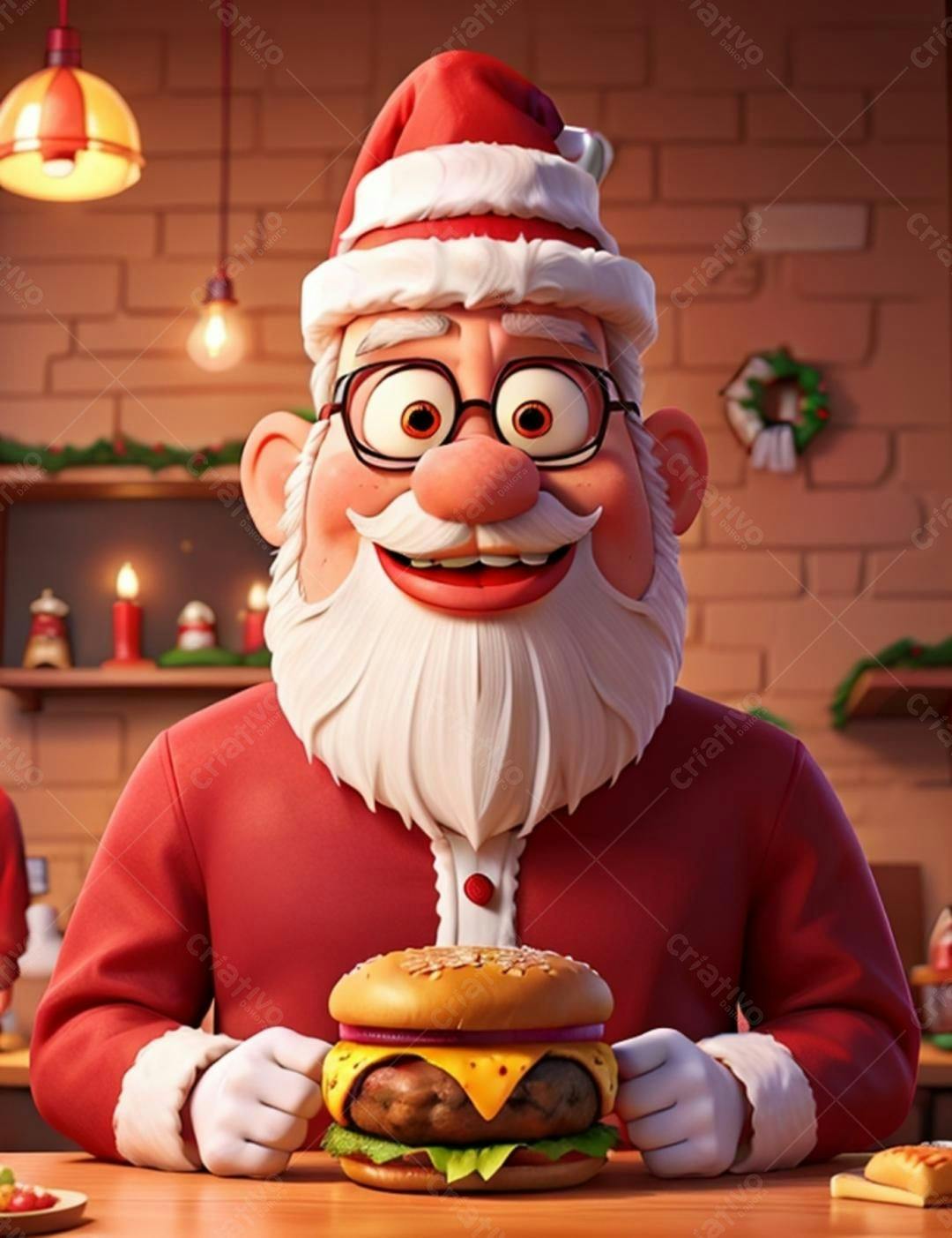 Papai Noel com hambúrguer no Natal