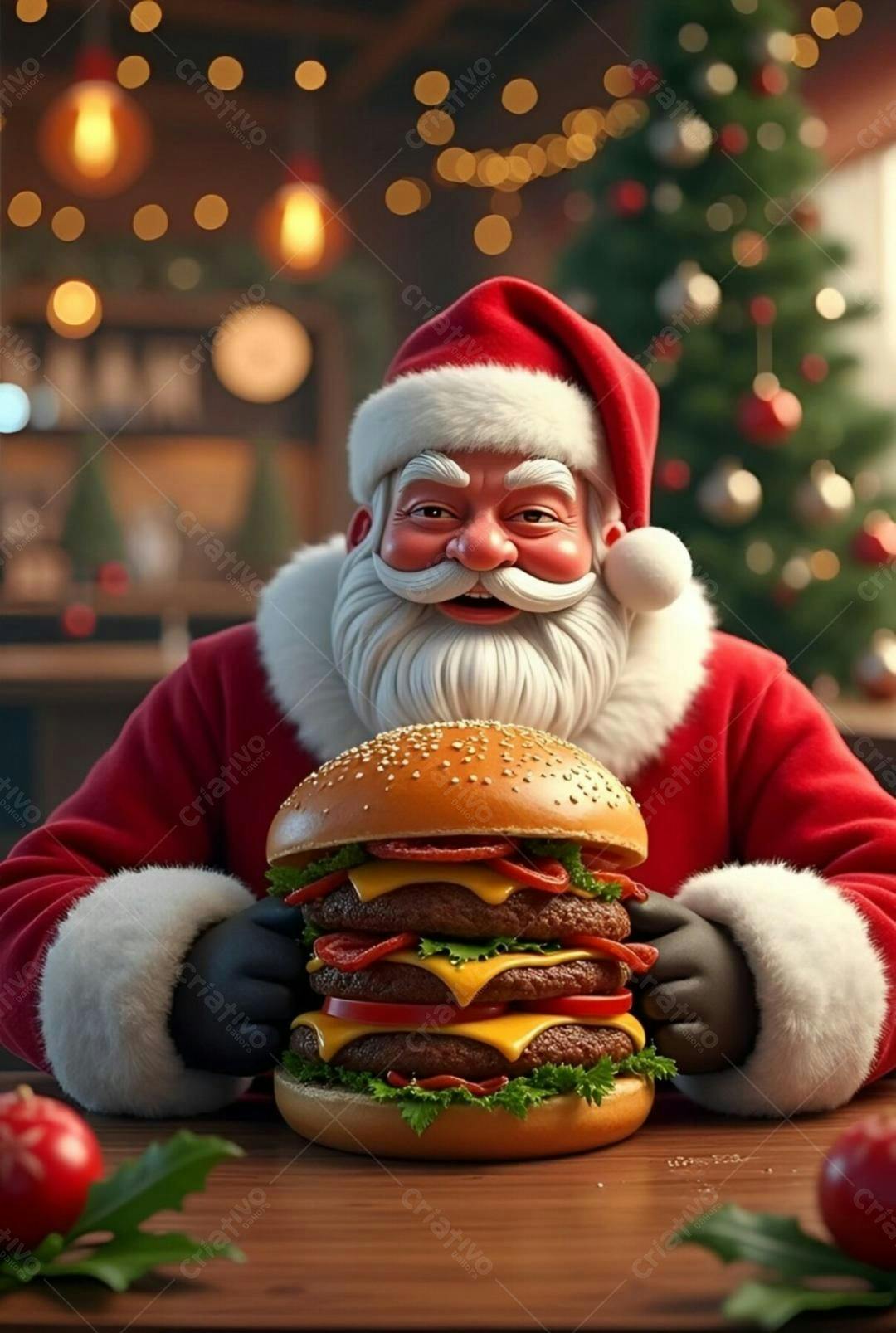 Papai Noel com hambúrguer gigante Natal