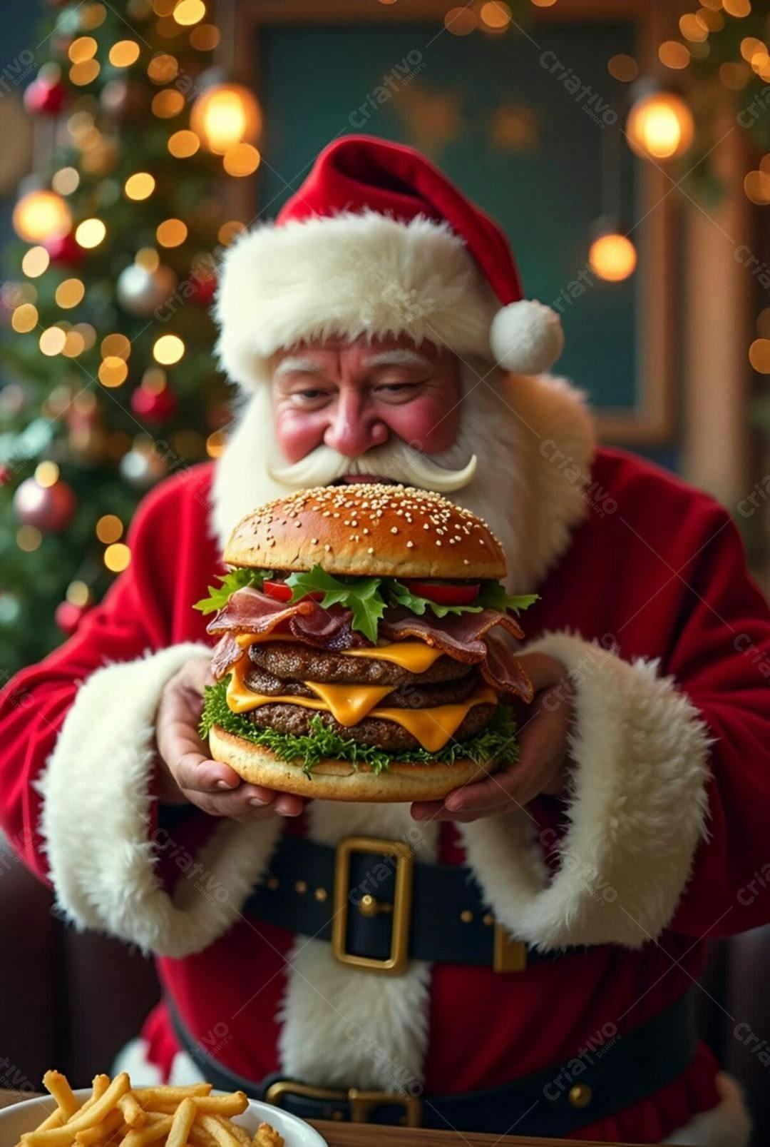 Papai Noel com hambúrguer gigante no Natal