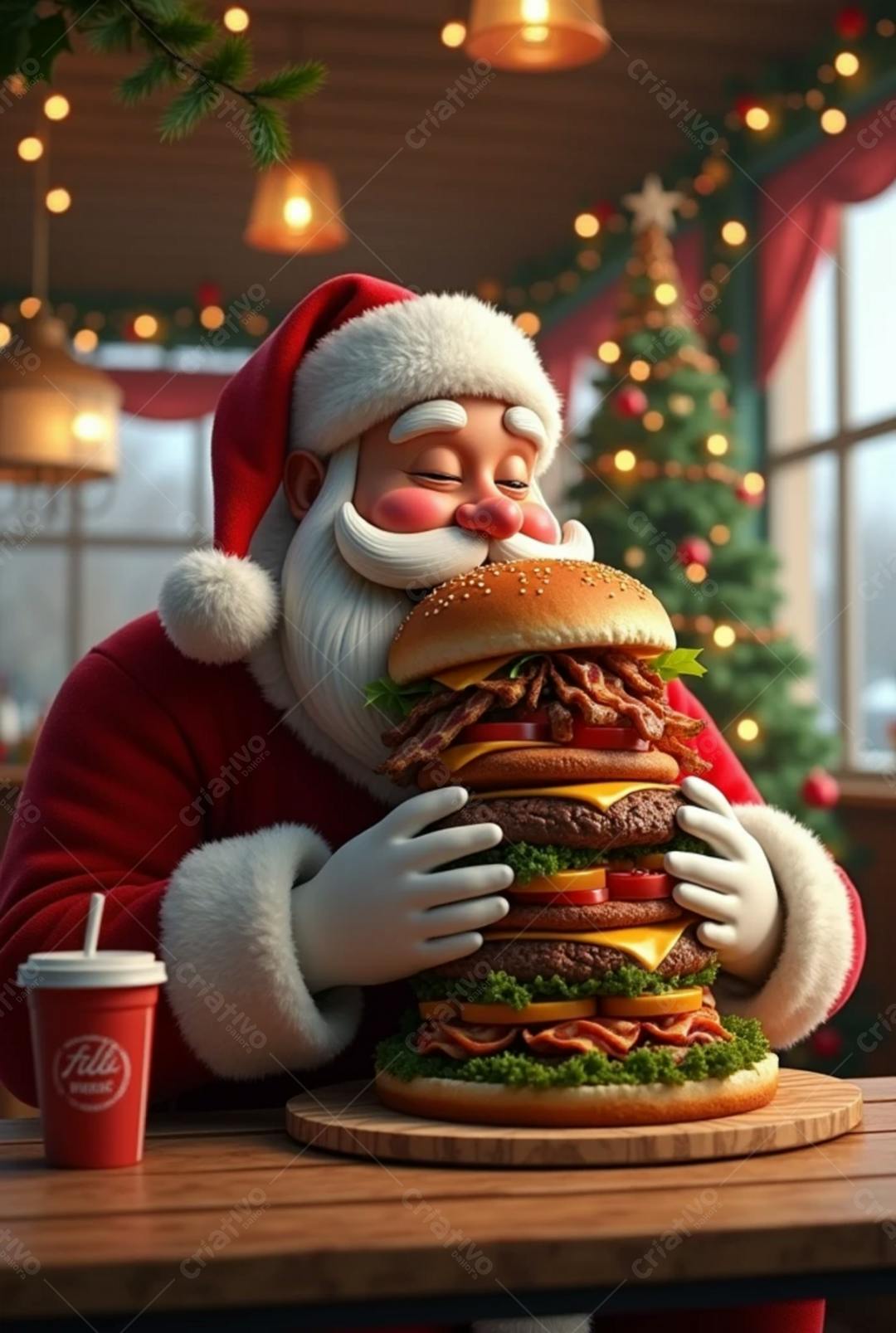 Papai Noel com hambúrguer gigante no Natal