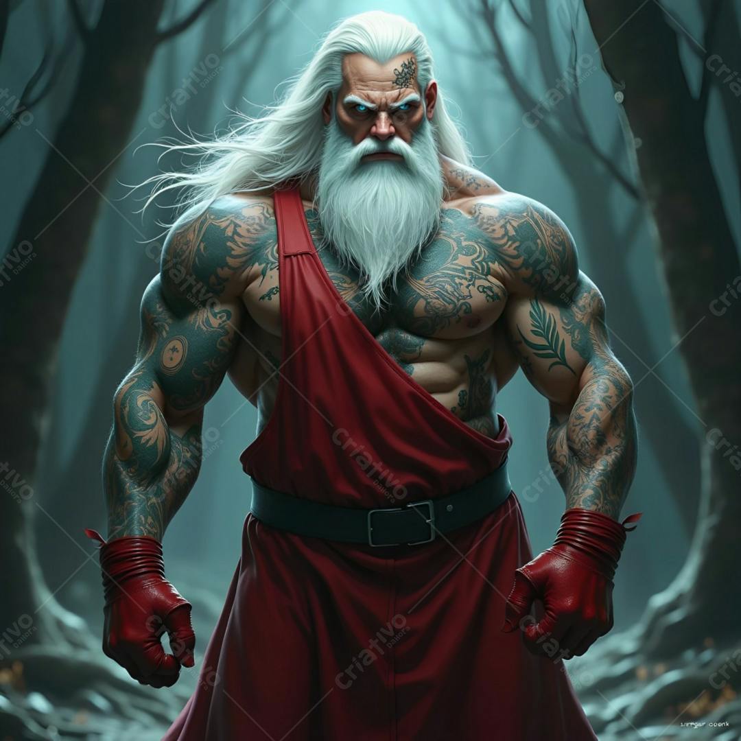 Papai Noel musculoso com tatuagens em floresta escura