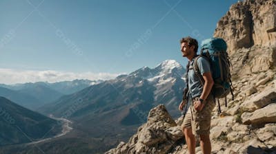 Imagem De Um Turista Apreciando Uma Linda Montanha