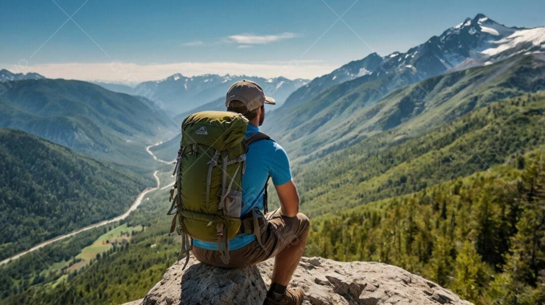 Mochileiro contemplando vista montanhosa