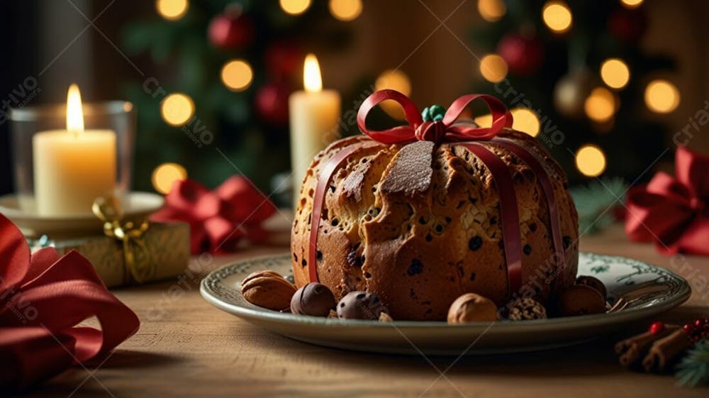 Panetone Com Linda Decoração De Natal Em Volta