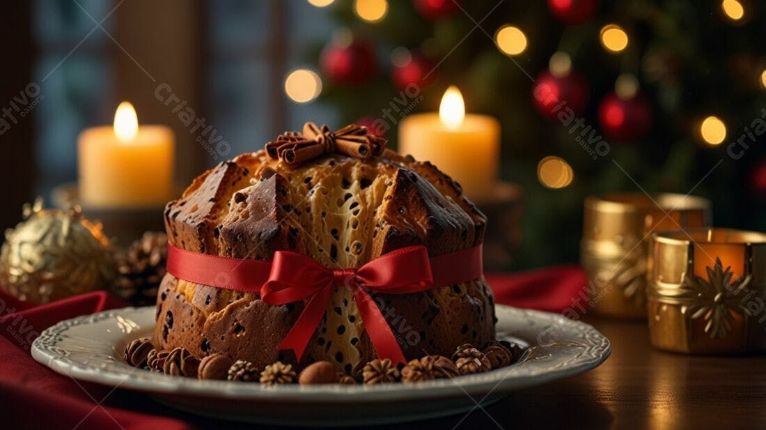 Panetone natalino com decoração festiva