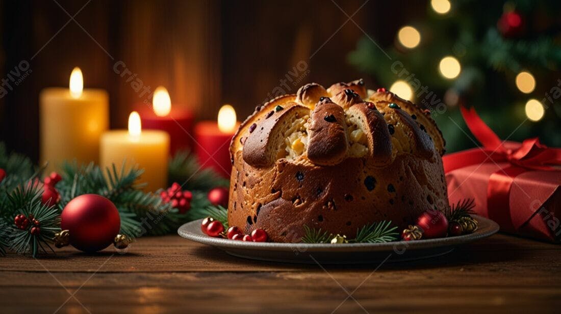 Panetone de Natal com velas e presentes