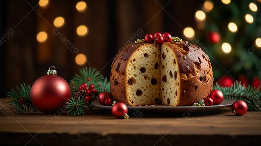 Panetone Cortado Sobre Uma Mesa Com Enfeites De Natal