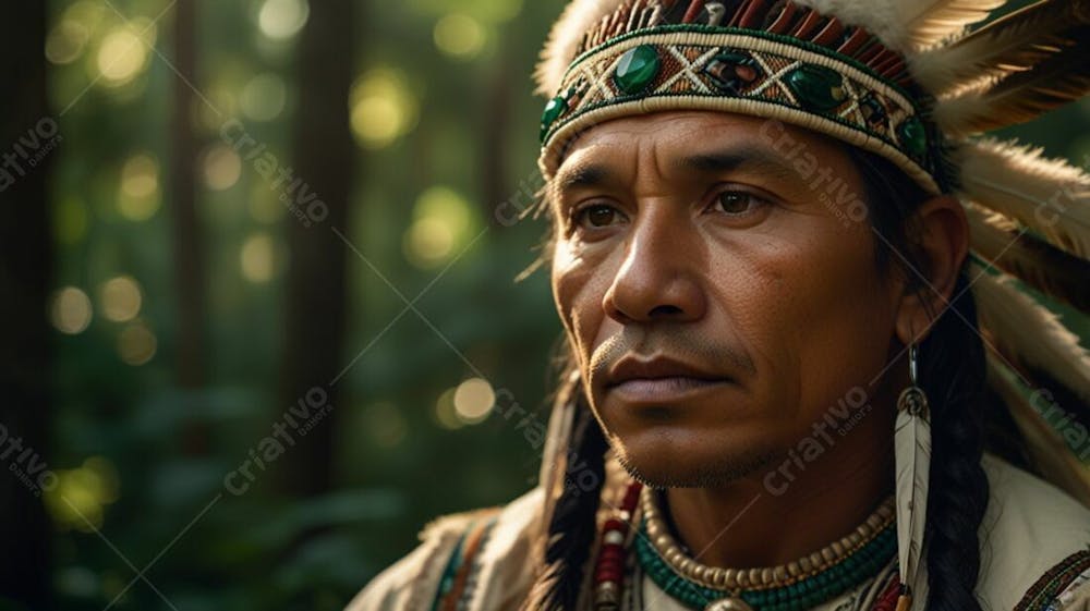 Retrato De Um Índio Americano Em Uma Linda Floresta