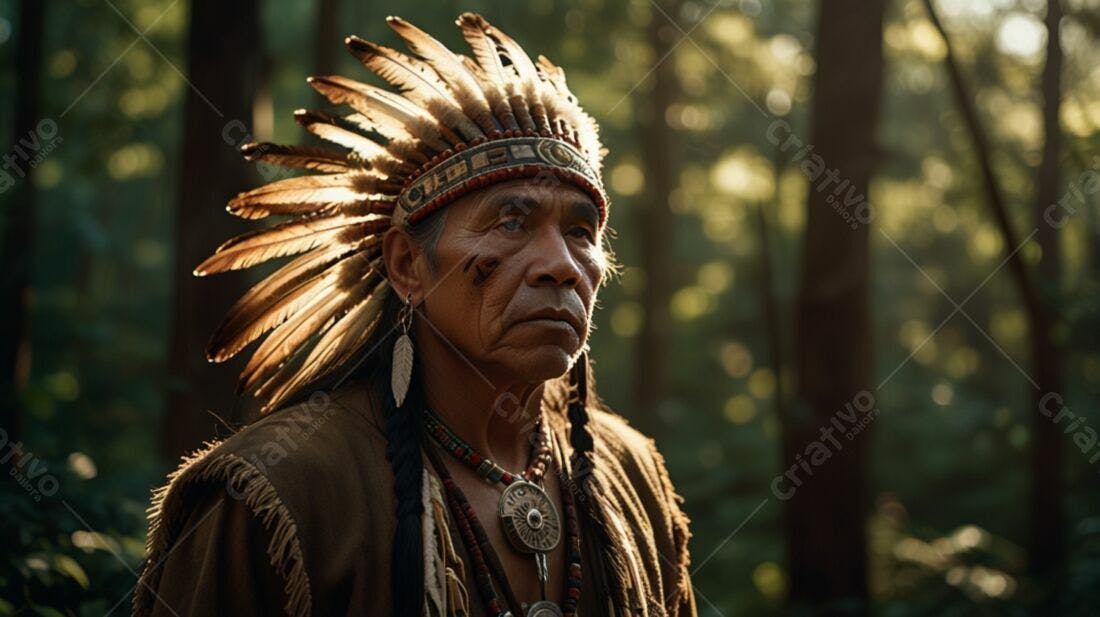 Indígena com traje tradicional na floresta