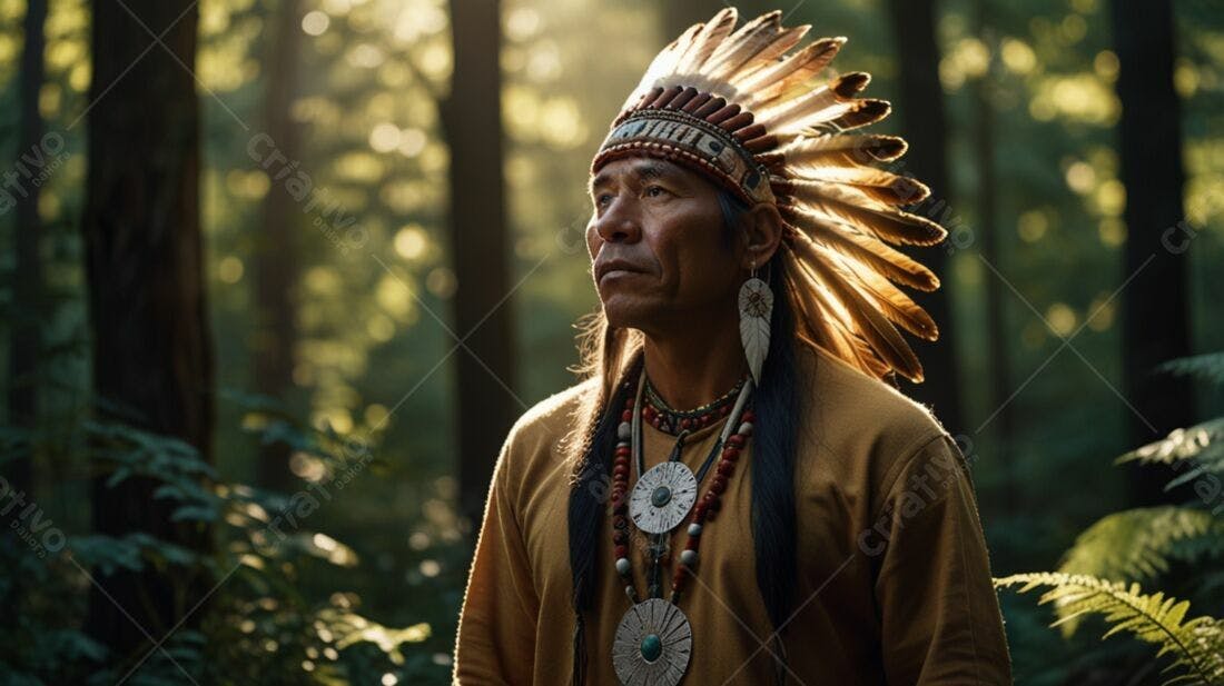Indígena americano na floresta ao entardecer
