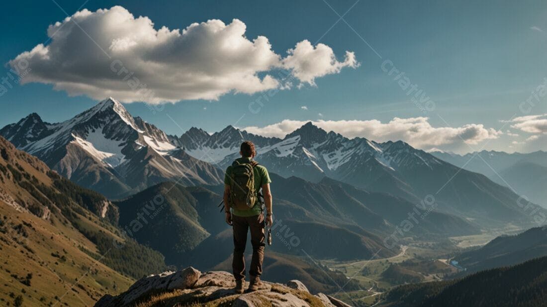 Mochileiro contemplando paisagem montanhosa