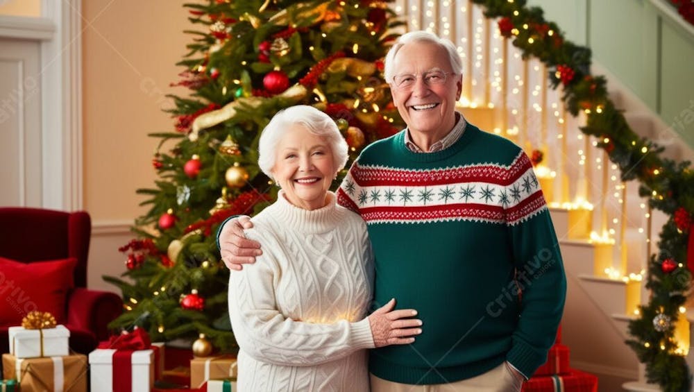 Casal De Idosos Celebração O Natal Em Sua Casa